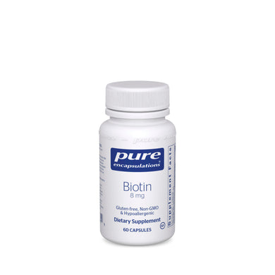 White Bottle reads Pure Encapsulations Biotin 8mg  Gluten Free Non GMO hypoallergenic 60 capsules