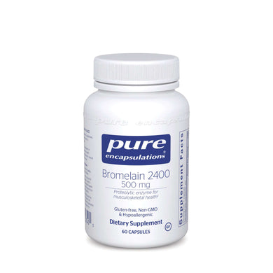White bottle reads Pure Encapsulations Bromelain 2400 500mg Proteolytic enzyme for musculoskeletal health and digestive support Gluten Free Non GMO Hypoallergenic 60 ct
