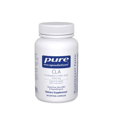 White Bottle reads Pure Encapsulations CLA (Conjugated Lineleic Acid) 1,000mg Support for healthy body composition Gluten Free Non GMO Hypoallergenic 60 Softgel Capsules