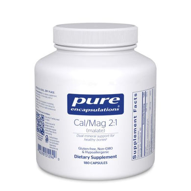 White Bottle reads Pure Encapsulations Cal/Mag 2:1 (Malate) dual mineral support for healthy bones Gluten Free Non GMO Hypoallergenic 180 capsules
