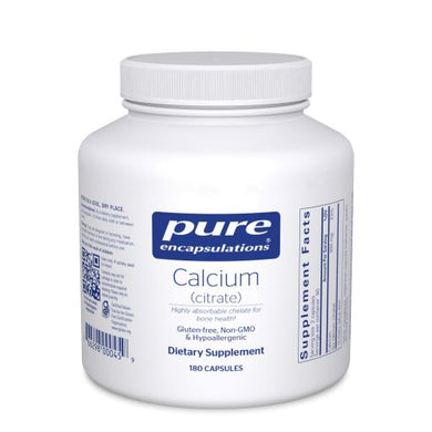 White bottles reads Pure Encapsulations Calcium (Citrate) highly absorbable chelate for bone health Gluten Free Non GMO hypoallergenic 180 capsules