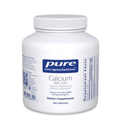 White bottle reads Pure Encapsulations Calcium (MCHA) Supports healthy bone mineral composition Gluten Free Non Gmo Hypoallergenic 180 capsules
