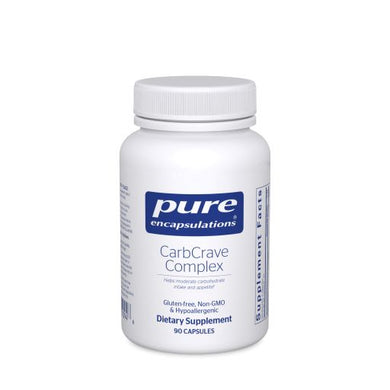 White bottle reads Pure Encapsulations CarbCrave Complex Helps moderate carbohydrate intake and appetite Gluten Free, Non GMO hypoallergenic 90 capsules
