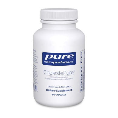 White Bottle reads Pure Encapsulations CholestePure Phytosterol complex Supports healthy Lipid metabolism Gluten Free Non GMO 90 capsules