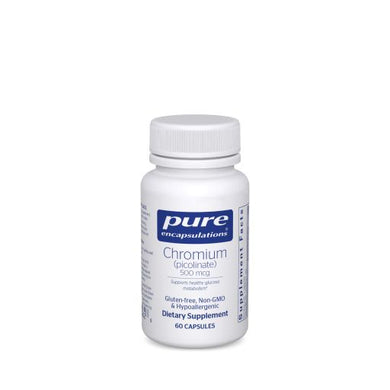 White Bottle Reads Pure Encapsulations Chromium (Piccolinate) 500 mcg Supports healthy glucose metabolism Gluten Free Non GMO Hypoallergenic 60 capsules