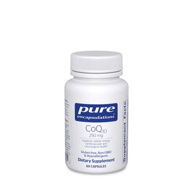 White bottle reads Pure Encapsulations CoQ10 250 mg  Supports cellular energy cardiovascular and neurological Health Gluten Free Non GMO Hypoallergenic 60 capsules