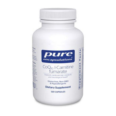 White bottle reads Pure Encapsulation CoQ10 l-carnitine fumarate Supports cardiovascular, metabolic and neurological Health Gluten Free Non GMO Hypoallergenic 120 capsules