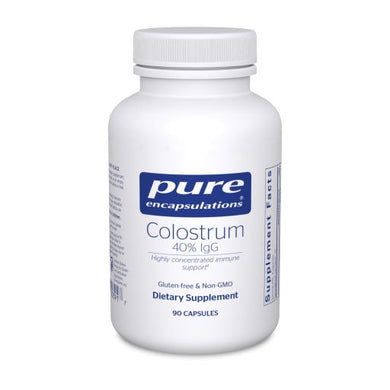 White Bottle reads Pure Encapsulations Colostrum 40% IgG Highly concentrated immune support Gluten Free Non GMO 90 Capules