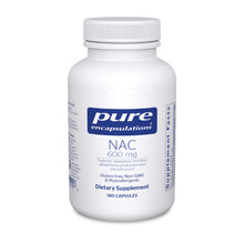 Load image into Gallery viewer, White Bottle reads Pure Encapsulations NAC 600 mg Supports respiratory function, glutathione production and detoxification Glute free, non GMO and Hypoallergenic 180 capsules