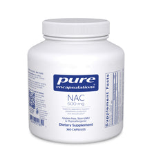 Load image into Gallery viewer, White Bottle reads Pure Encapsulations NAC 600 mg Supports respiratory function, glutathione production and detoxification Glute free, non GMO and Hypoallergenic 360 capsules