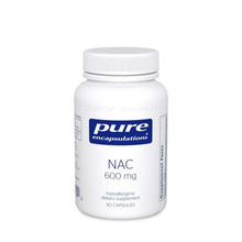 Load image into Gallery viewer, White Bottle reads Pure Encapsulations NAC 600 mg Supports respiratory function, glutathione production and detoxification Glute free, non GMO and Hypoallergenic 90 capsules
