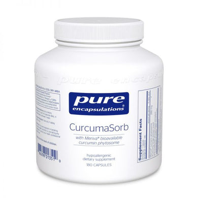 White bottle reads Pure Encapsulations Curcumasorb with Meriva bioavailable curcumin phytosome 180 capsules
