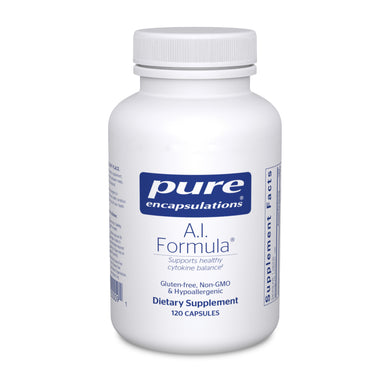 White Bottle reads Pure Encapsulations A.I. Formula Supports healthy cytokine balance Gluten Free Non GMO and hypoallergenic 120 capsules