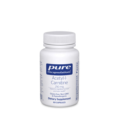 White Bottle Pure Encapsulations Acetyl-l-Carnitine 250mg Supports cognitive function and brain health Gluten Free Non GMO and hypoallergenic 60 capsules 