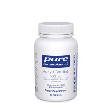 White Bottle Pure Encapsulations Acetyl-l-Carnitine 500mg Supports cognitive function and brain health Gluten Free Non Gmo Hypoallergenic
