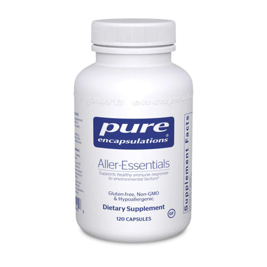 White bottle reads Pure Encapsulations Aller Essentials Supports healthy immune response to environmental factors