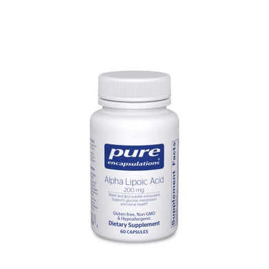 White Bottle read Pure Encapsulations Alpha Lipoic Acid 200mg Water and lipid soluble antioxidant; supports glucose metabolism and nerve health  Gluten Free Non GMO and hyproallergenic 60 capsules
