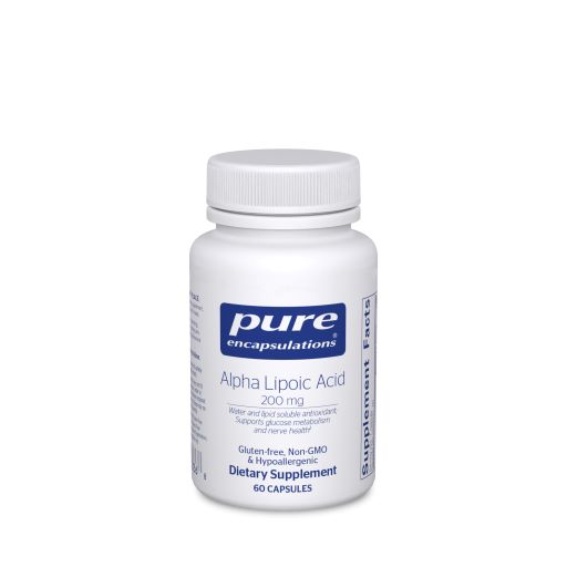 White Bottle read Pure Encapsulations Alpha Lipoic Acid 200mg Water and lipid soluble antioxidant; supports glucose metabolism and nerve health  Gluten Free Non GMO and hyproallergenic 60 capsules