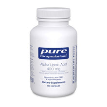 Load image into Gallery viewer, White Bottle read Pure Encapsulations Alpha Lipoic Acid 400mg Water and lipid soluble antioxidant; supports glucose metabolism and nerve health Gluten Free Non GMO Hypoallergenic 120 capsules
