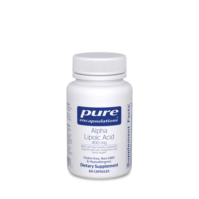 White Bottle read Pure Encapsulations Alpha Lipoic Acid 400mg Water and lipid soluble antioxidant; supports glucose metabolism and nerve health Gluten Free Non GMO Hypoallergenic 60 capsules