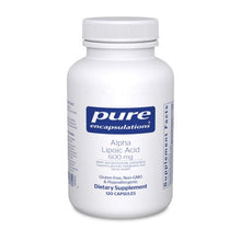 Load image into Gallery viewer, White Bottle read Pure Encapsulations Alpha Lipoic Acid 600mg Water and lipid soluble antioxidant; supports glucose metabolism and nerve health Gluten Free Non GMO and Hypoallergenic 120 capsules
