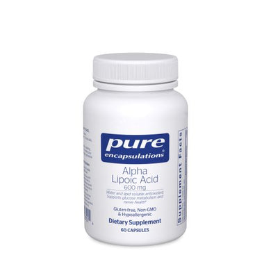 White Bottle read Pure Encapsulations Alpha Lipoic Acid 600mg Water and lipid soluble antioxidant; supports glucose metabolism and nerve health Gluten Free Non GMO and Hypoallergenic 60 capsules