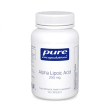 Load image into Gallery viewer, White Bottle read Pure Encapsulations Alpha Lipoic Acid 200mg Water and lipid soluble antioxidant; supports glucose metabolism and nerve health  Gluten Free Non GMO and hyproallergenic 120 capsules
