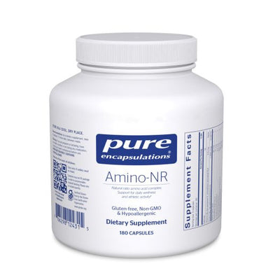Large white bottle read Pure Encapsulations Amino NR Amino acids in naturally occurring ratios, providing support for athletic activity, immune function and daily wellness Gluten Free Non GMO Hypoallergernic 180 capsules