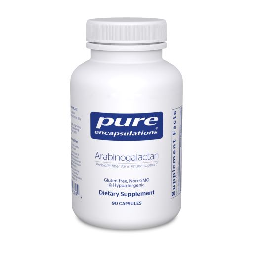 White bottle reads Pure Encapsulations Arabinogalactan prebiotic fiber for immune support Gluten Free Non GMO Hypoallergenic 90 capsules