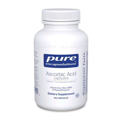 White Bottle reads Pure Encapsulations Ascorbic Acid Capsules Vitamin C for antioxidant support. Gluten Free, Non GMO and Hypoallergenic 90 capsules