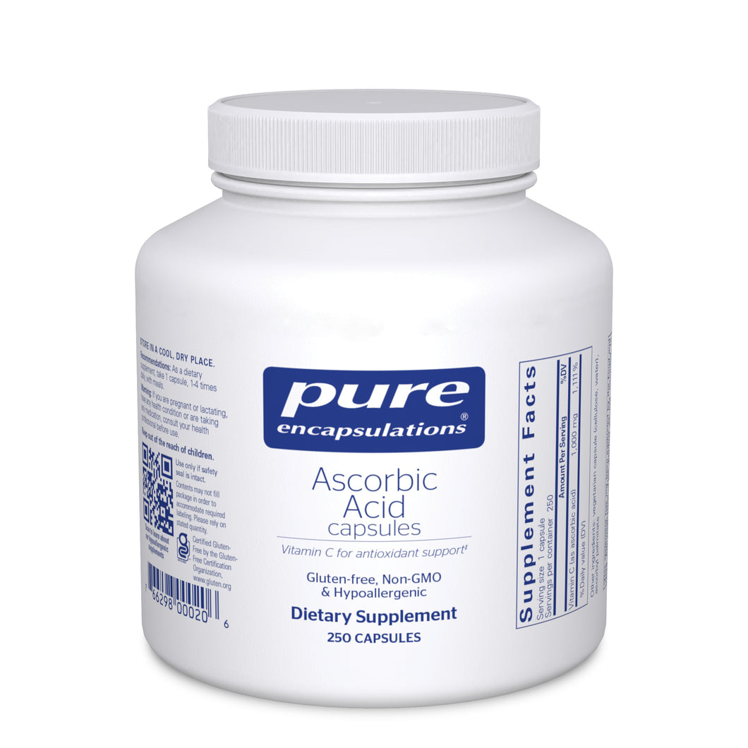 White Bottle reads Pure Encapsulations Ascorbic Acid Capsules Vitamin C for antioxidant support. Gluten Free, Non GMO and Hypoallergenic 250 capsules