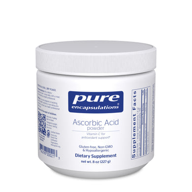 White Bottle reads Pure Encapsulations Ascorbic Acid Powder Vitamin C for antioxidant support. Gluten Free, Non GMO and Hypoallergenic 8 oz 227g