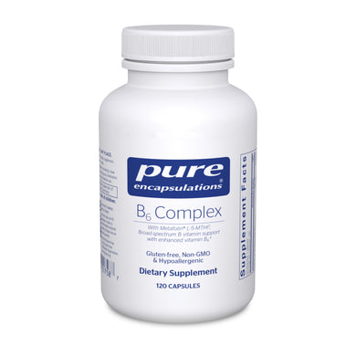 White Bottle reads Pure Encapsulations B6 Complex with Metafolin  L-5-MTHF Borad spectrum B vitamin support with enhanced vitamin B6 Gluten Free Non Gmo and Hypoallergenic 120 ct