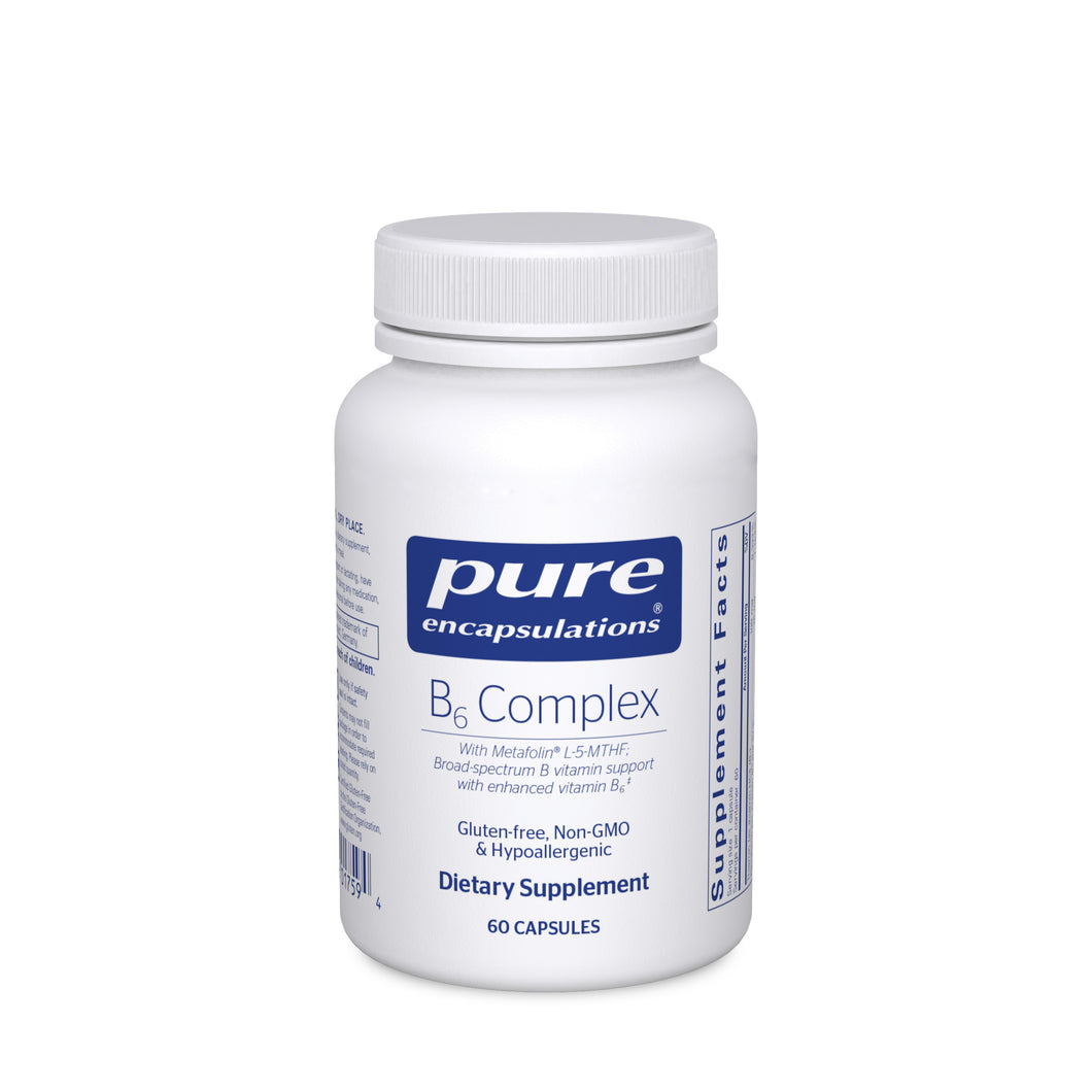 White Bottle reads Pure Encapsulations B6 Complex with Metafolin  L-5-MTHF Borad spectrum B vitamin support with enhanced vitamin B6 Gluten Free Non Gmo and Hypoallergenic 60 ct
