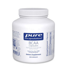 Load image into Gallery viewer, Large White Bottle reads Pure Encapsulations BCAA Capsules Supports lean muscle mass and exercise recovery Glute Free Non GMO and Hypoallergenic 250 capsules
