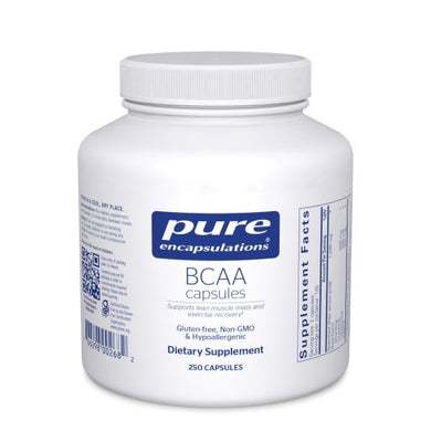 Large White Bottle reads Pure Encapsulations BCAA Capsules Supports lean muscle mass and exercise recovery Glute Free Non GMO and Hypoallergenic 250 capsules