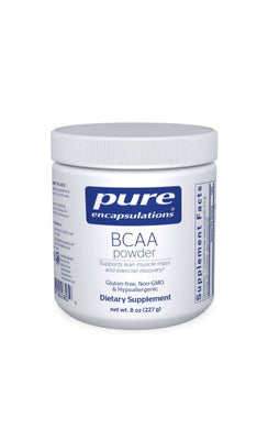 White bottle reads Pure Encapsulations BCAA powder Supports lean muscle mass and excerise recovery Gluten Free Non GMO and Hypoallernegic 8 oz