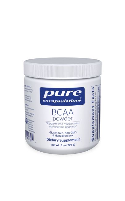 White bottle reads Pure Encapsulations BCAA powder Supports lean muscle mass and excerise recovery Gluten Free Non GMO and Hypoallernegic 8 oz
