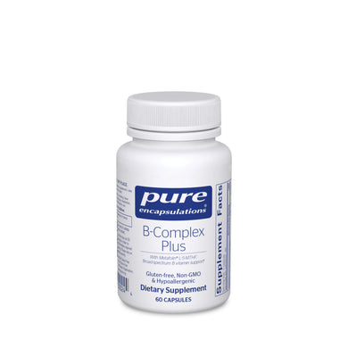 White bottle Reads Pure Encapsulations B-Complex Plus With Metafolin L-5-MTHF; broad spectrum B vitamin support Gluten Free Non GMO & Hypoallergenic  60 capsules
