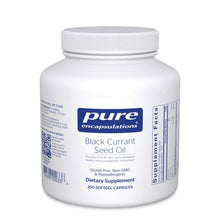 Load image into Gallery viewer, White Bottle reads Pure Encapsulations Black Currant Seed Oil Provides GLA for skin, musculoskeletal health and prostaglandin production, Gluten Free Non Gmo hypoallergenic 250 softgel capsules
