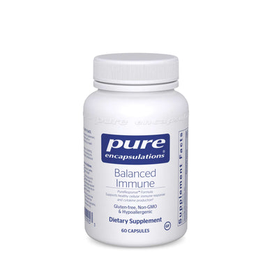White Bottle Reads Pure Encapsulations Balance Immune PureResponse Formula  Supports healthy cellular immune response and cytokine production Gluten Free Non GMO and Hypoallergenic 60 capsules