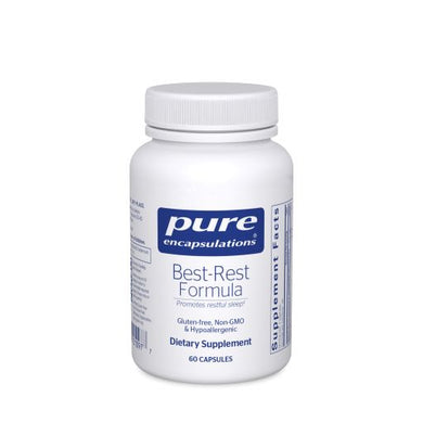 White bottle reads Pure Encapsulations Best Rest formula  Promotes restful sleep. hypo-allergenic dietary supplement 60 capsules