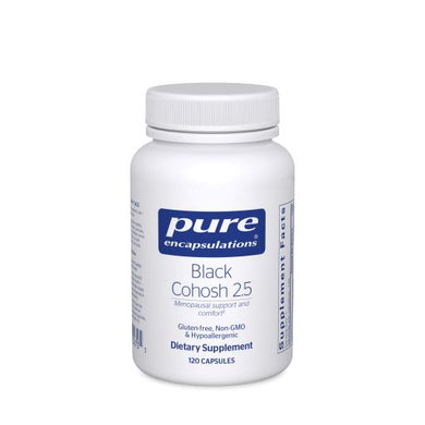 White bottle reads Pure Encapsulations Black Cohosh 2.5 Menopausal support and comfort Gluten Free Non GMO Hypoallergenic 120 capules