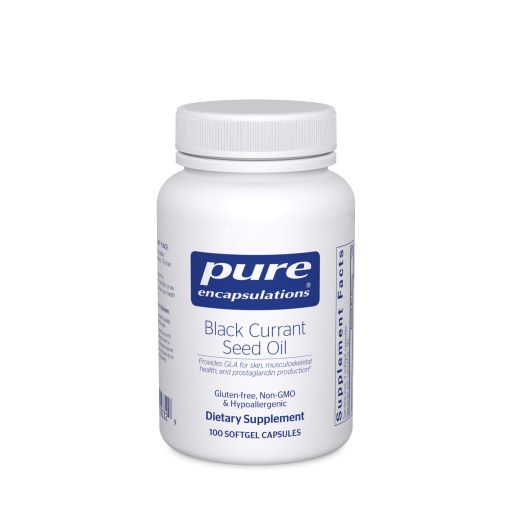 White Bottle reads Pure Encapsulations Black Currant Seed Oil Provides GLA for skin, musculoskeletal health and prostaglandin production, Gluten Free Non Gmo hypoallergenic 100 softgel capsules