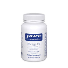 Load image into Gallery viewer, White bottle reads Pure Encapsulation Borage Oil Contains 20% GLA; supports joint and skin health Glute Free Non GMO Hypoallergenic 60 softgel capsules
