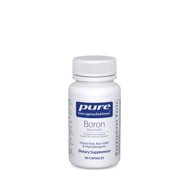 White Bottle reads Pure Encapsulations Boron (glycinate) Essential Trace Element Support for nutrient utilization Gluten Free Non GMO Hypoallergenic 60 capules