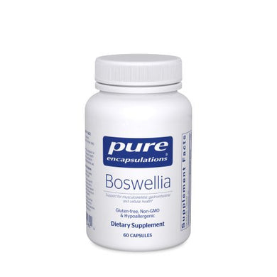 White Bottle Reads Pure Encapsulation Boswellia Support for musculoskeletal, gastrointestinal and cellular health Glute free Non Gmo hypoallergenic 60 capsules