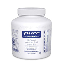 Load image into Gallery viewer, White bottle reads Pure Encapsulations Buffered Ascorbic Acid Capules Vitamin C for senstive individuals Glute Free Non GMO Hypoallergenic 250 capsules
