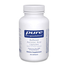 Load image into Gallery viewer, White bottle reads Pure Encapsulations Buffered Ascorbic Acid Capules Vitamin C for senstive individuals Glute Free Non GMO Hypoallergenic 90 capsules
