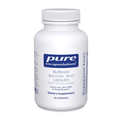 White bottle reads Pure Encapsulations Buffered Ascorbic Acid Capules Vitamin C for senstive individuals Glute Free Non GMO Hypoallergenic 90 capsules